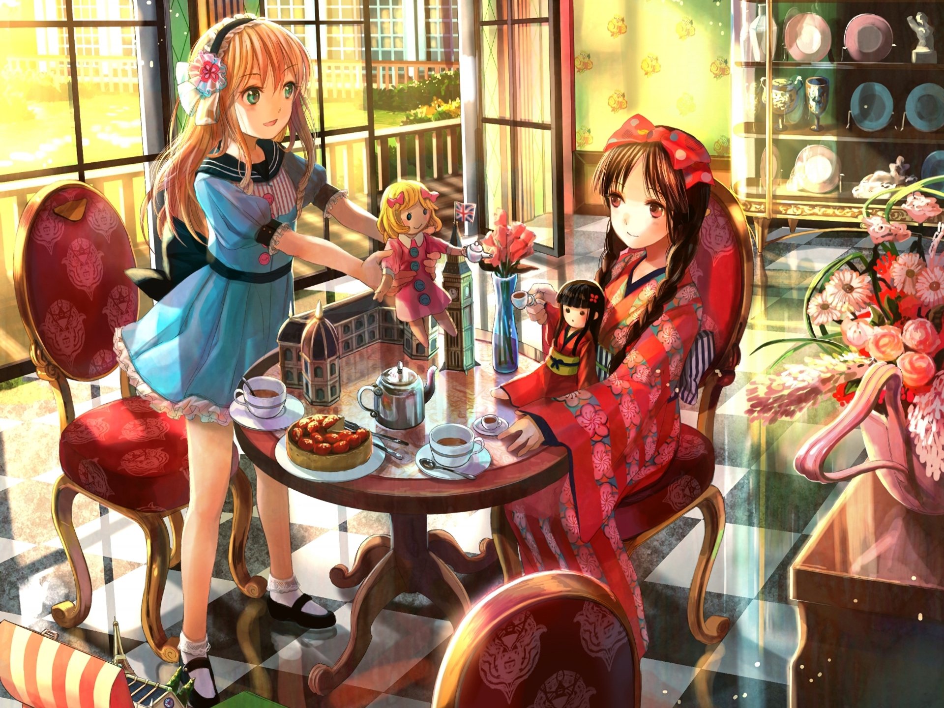 Anime-style original HD PC desktop wallpaper depicting two girls enjoying tea in a sunlit, elegantly decorated room with dolls and floral arrangements.
