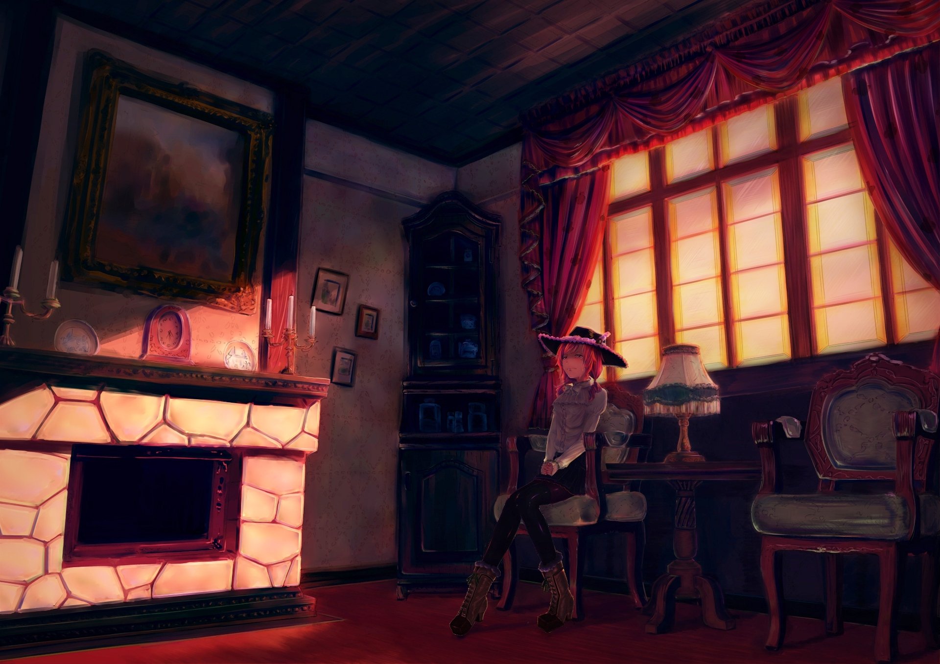 Anime (Pixiv Fantasia V) HD PC desktop wallpaper: warm vintage parlor with glowing fireplace, sunset through tall window, and a hat-wearing character seated at a table.
