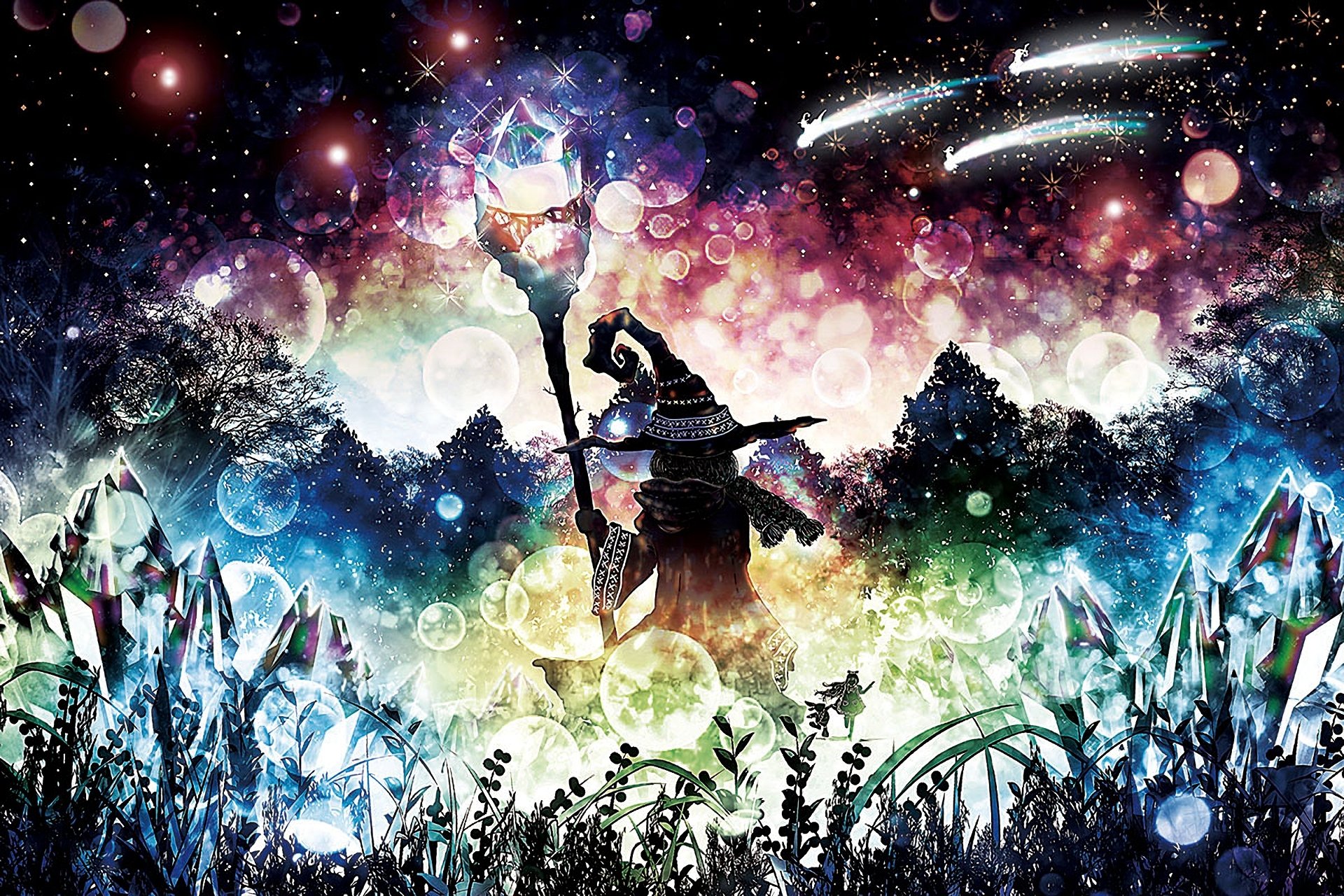 HD desktop wallpaper featuring a fantasy anime wizard wielding a glowing staff, set against a vibrant backdrop of magical lights, crystals, and a starry sky. The scene is rich with colors and mystical elements.