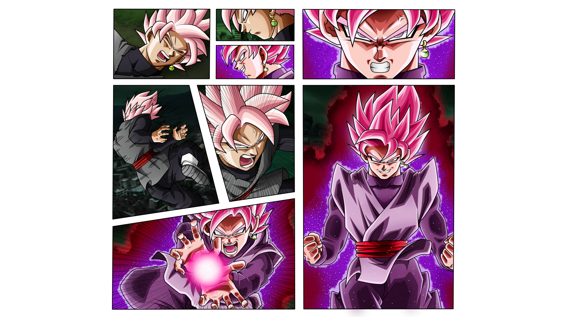 A vibrant HD wallpaper featuring Super Saiyan Rosé Black Goku from Dragon Ball Super in various intense action poses with a neon purple aura and dramatic expressions.