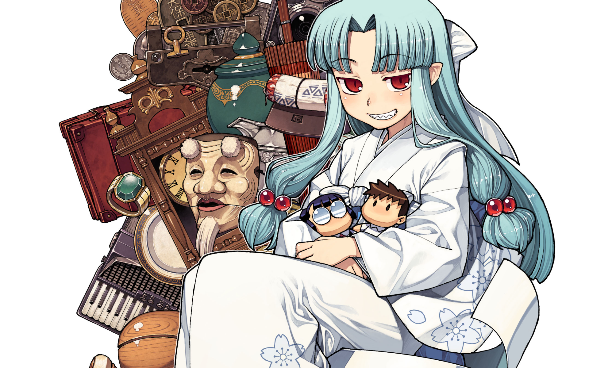 HD PC desktop wallpaper featuring an anime character from Tsugumomo holding dolls, surrounded by traditional and musical objects in a detailed, vibrant style.