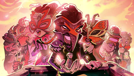 HD desktop wallpaper for The Sexy Brutale game featuring stylized characters in masks with a vibrant, colorful background.