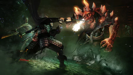 HD PC desktop wallpaper from the video game Nioh featuring a samurai warrior battling a fiery demon in a dark, eerie environment.