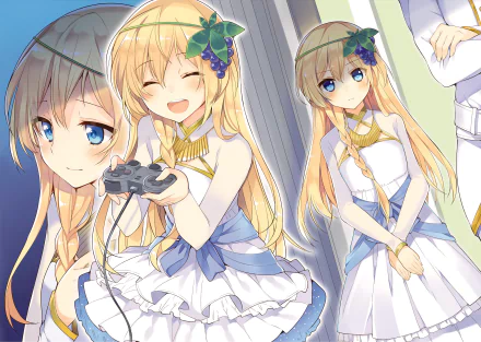 HD desktop wallpaper featuring Iris from KonoSuba - God’s Blessing on This Wonderful World!!. The lively anime artwork showcases Iris in different joyful and thoughtful expressions.