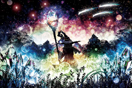 HD desktop wallpaper featuring a fantasy anime wizard wielding a glowing staff, set against a vibrant backdrop of magical lights, crystals, and a starry sky. The scene is rich with colors and mystical elements.