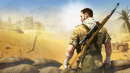HD desktop wallpaper of Sniper Elite 3 featuring a protagonist with a sniper rifle overlooking a desert battlefield.