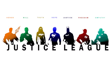 A vibrant HD desktop wallpaper featuring the silhouettes of Justice League members: Martian Manhunter, Aquaman, Green Lantern, Flash, Superman, Batman, and Wonder Woman, with their respective virtues.
