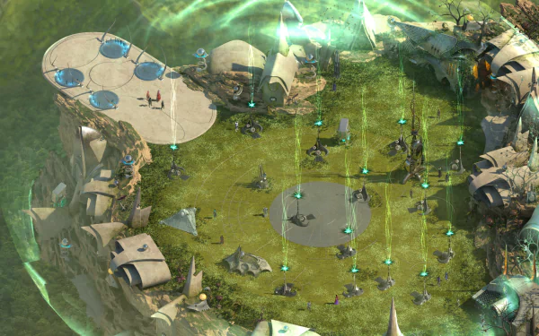 HD desktop wallpaper featuring a scene from Torment: Tides of Numenera with futuristic tents and characters in a green-hued encampment.