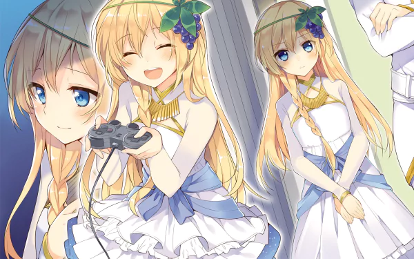 HD desktop wallpaper featuring Iris from KonoSuba - God’s Blessing on This Wonderful World!!. The lively anime artwork showcases Iris in different joyful and thoughtful expressions.