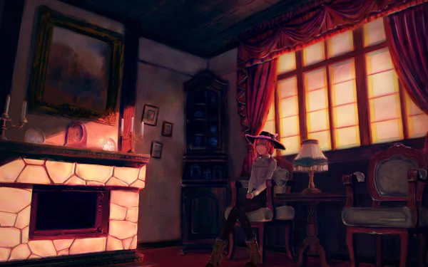 Anime (Pixiv Fantasia V) HD PC desktop wallpaper: warm vintage parlor with glowing fireplace, sunset through tall window, and a hat-wearing character seated at a table.
