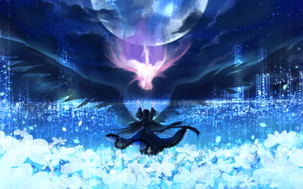 HD desktop wallpaper featuring Homura Akemi and Madoka Kaname from Puella Magi Madoka Magica, showing Homura Akuma and Ultimate Madoka under a night sky with glowing flowers and a large moonlit backdrop.