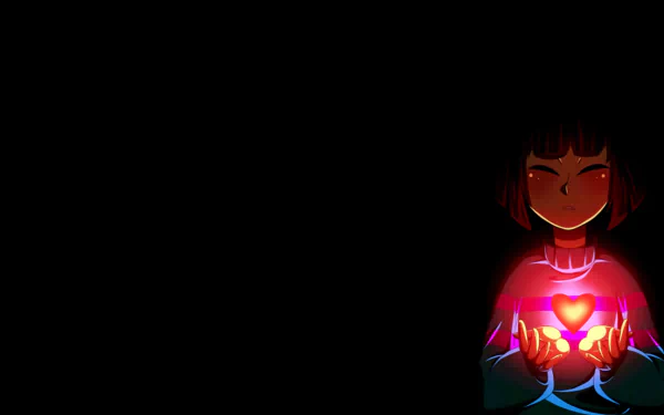 HD desktop wallpaper featuring Frisk from the video game Undertale, illuminated by a glowing heart in their hands, set against a dark background.