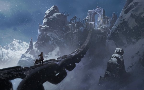 Fantasy Warrior Chain Mountain Sword Landscape Ruin Snowfall HD Wallpaper | Background Image