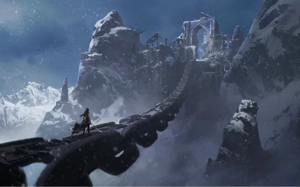 A fantasy warrior with a sword traverses a massive chain amidst snowy ruins set against a mountainous landscape. Snowfall adds to the mystical atmosphere of this HD desktop wallpaper and background.