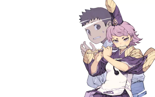 Anime HD PC desktop wallpaper featuring characters from Tsugumomo, showcasing a dynamic pose with a boy and a girl against a white background.