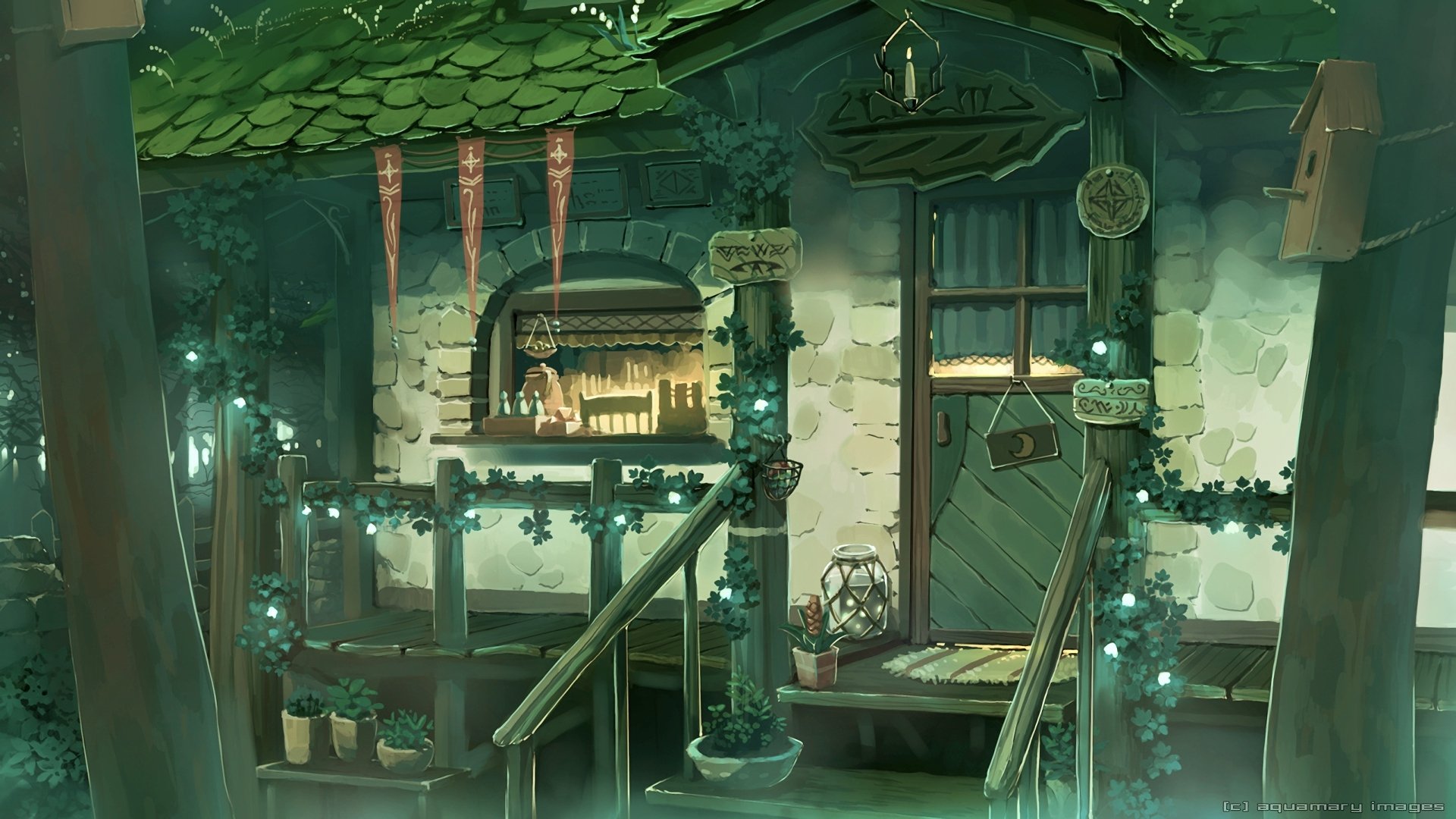 HD anime desktop wallpaper depicting a cozy, detailed building entrance adorned with glowing lights and lush greenery.