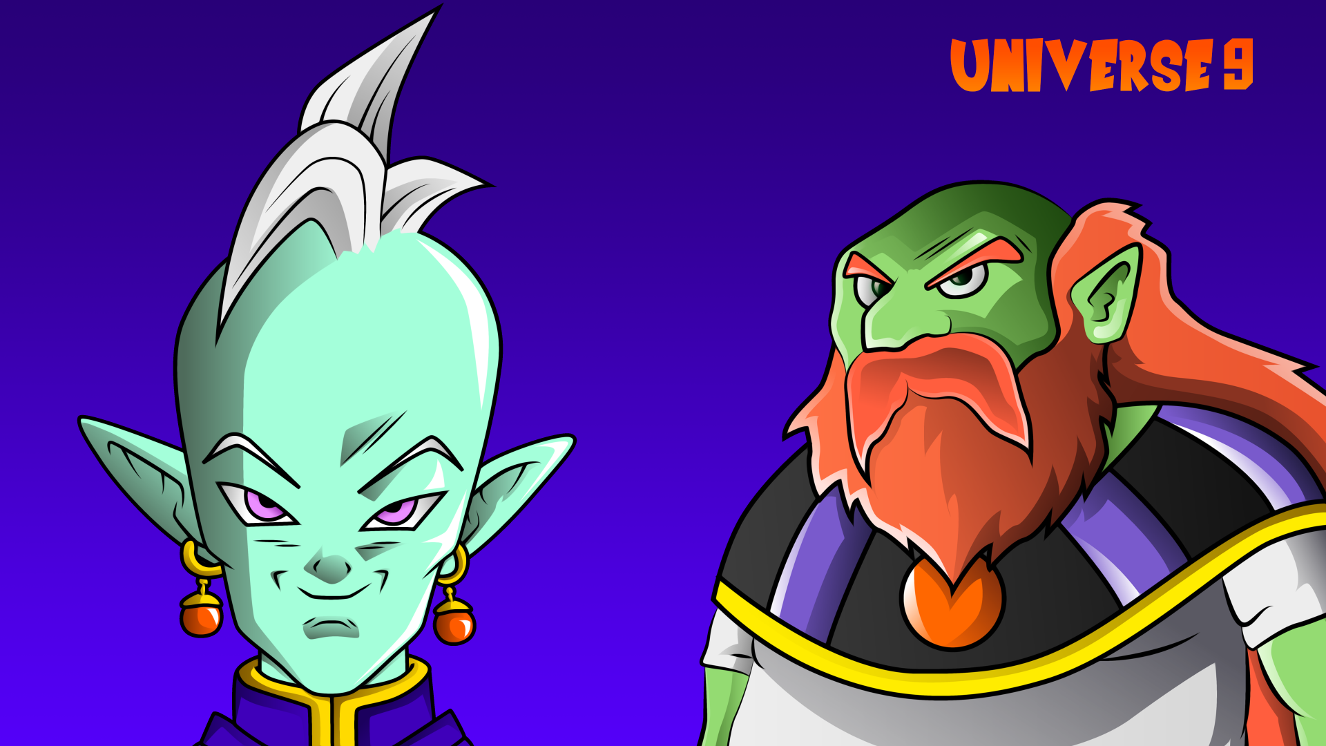 Rou and Sidra from Dragon Ball Super in anime-style portrait on a purple gradient 4K Ultra HD PC desktop wallpaper, Universe 9 text in the corner.