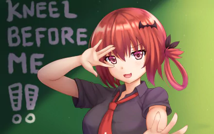 HD PC wallpaper featuring Satanichia Kurumizawa McDowell from the anime Gabriel DropOut, posing confidently with “KNEEL BEFORE ME” written on a green chalkboard background.
