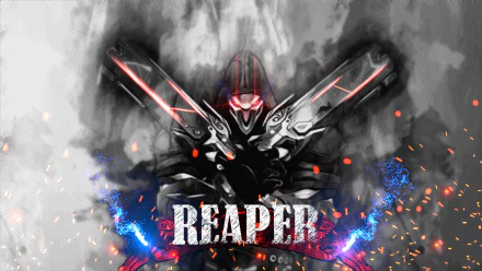 HD desktop wallpaper featuring Reaper from Overwatch portrayed as Gabriel Reyes, with a dark, smoky background and vibrant sparks surrounding the character’s name at the bottom.