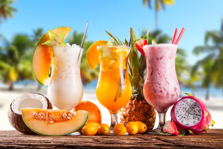 Tropical fruit drinks in glasses, surrounded by coconut, melon, pineapple, and pitaya, set against a sunny beach backdrop. HD desktop wallpaper.