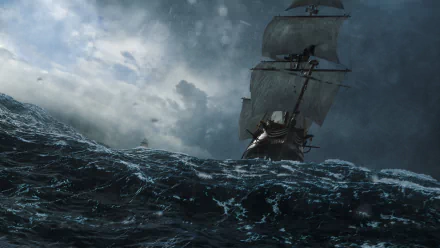 HD wallpaper featuring a dramatic ocean scene from the TV show Black Sails with a boat sailing through stormy rain.