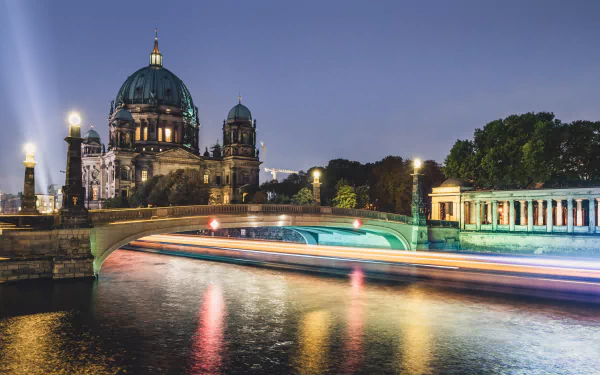 Germany dome architecture light river night cathedral Berlin religious Berlin Cathedral HD Desktop Wallpaper | Background Image