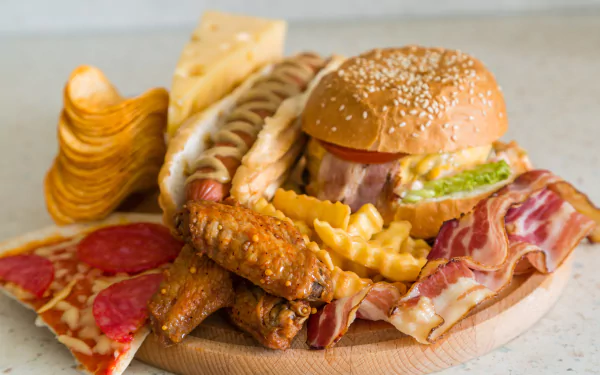 4K Ultra HD desktop wallpaper showcasing a delicious still life of pizza, burger, hot dog, crispy fries, bacon, chicken wings, and potato chips.
