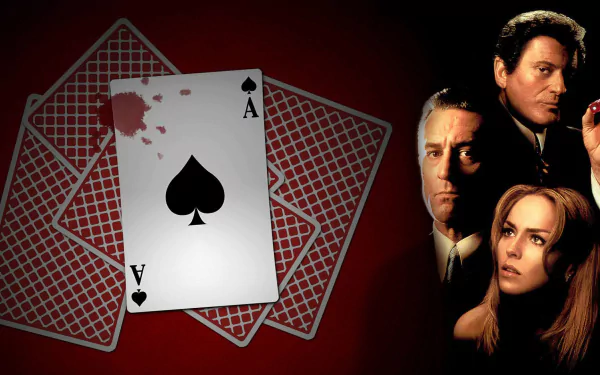 HD PC desktop wallpaper featuring a movie-inspired casino theme with a blood-stained ace of spades card and intense portraits of three characters against a dark red background.