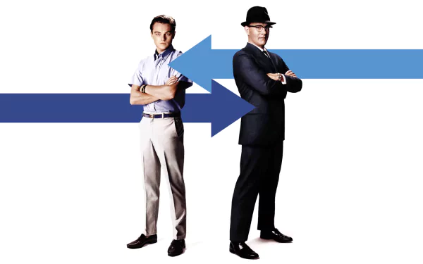 HD PC desktop wallpaper showing two men back-to-back—one casual, one in a suit and hat—on a white background with intersecting blue arrows; movie artwork for Catch Me If You Can.