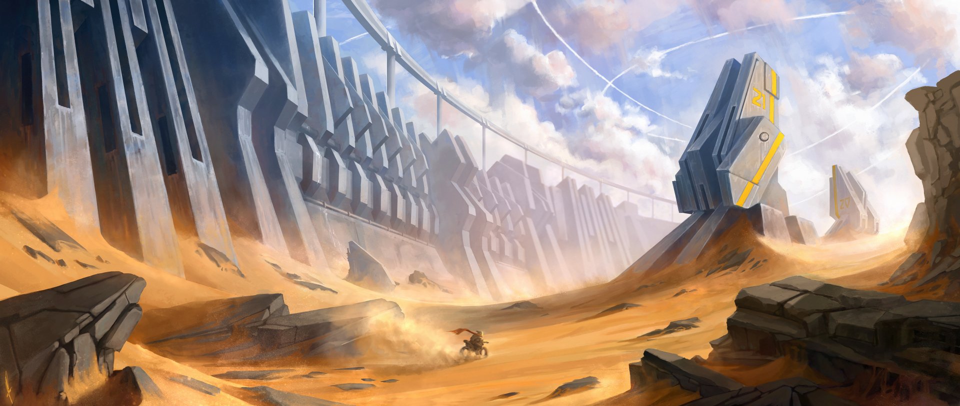 Futuristic Sci-Fi desert landscape featuring a massive wall stretching across sandy dunes under a cloudy sky, rendered in HD for PC desktop wallpaper.