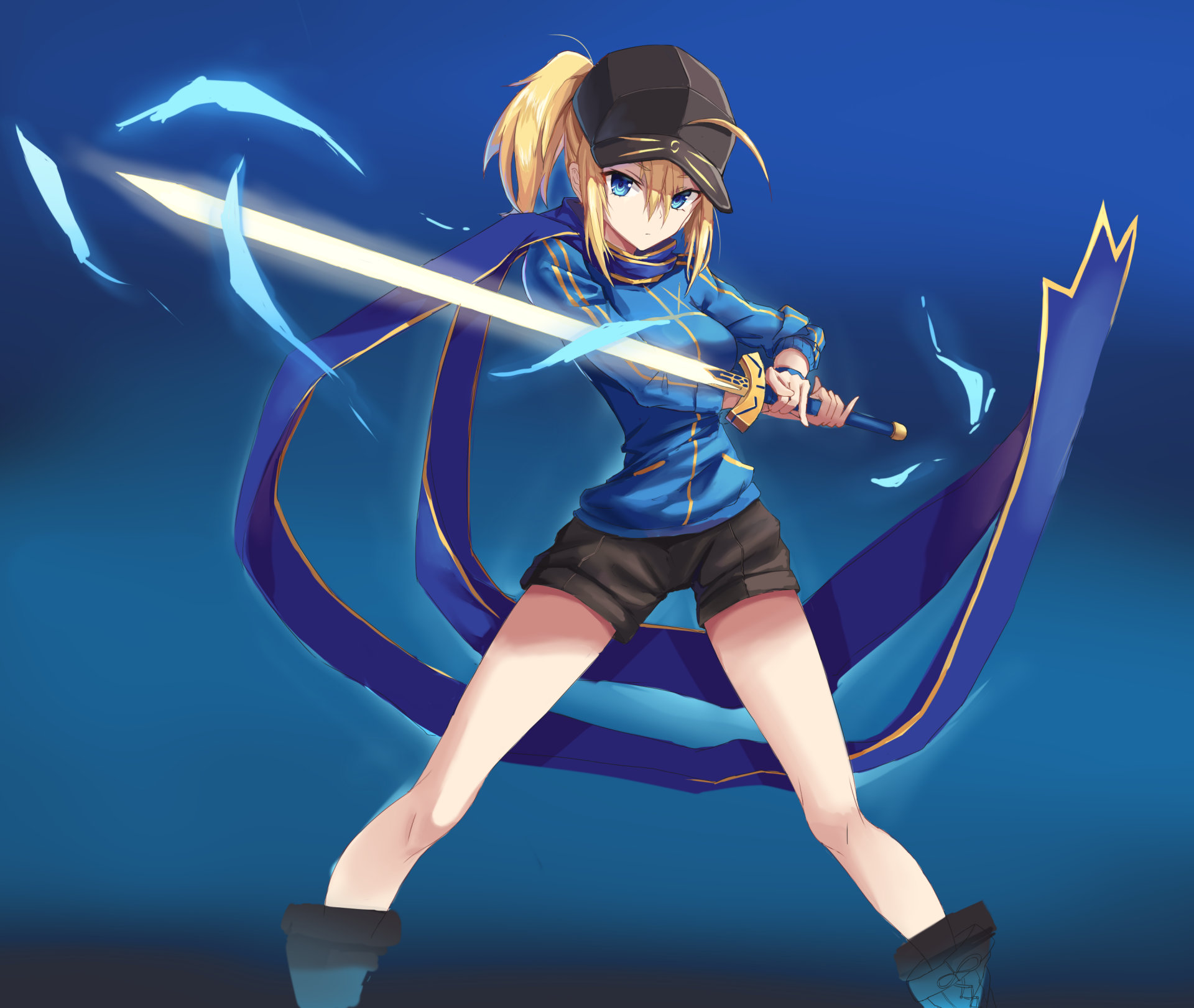 HD desktop wallpaper featuring Saber from the Fate Series, dressed in a blue outfit with a cap, holding a glowing sword, set against a deep blue background. Art style from Fate/Grand Order.