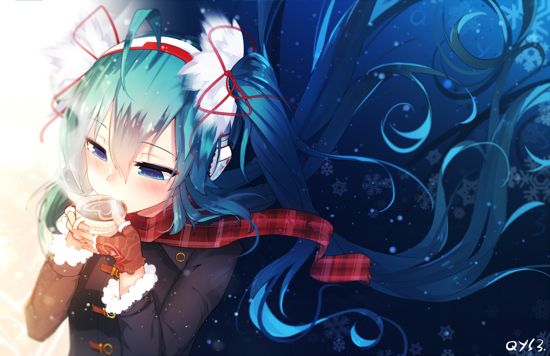 HD wallpaper of Hatsune Miku from Vocaloid, features her in an anime style, drinking a hot beverage with a blue and snowy background, wearing a festive outfit.