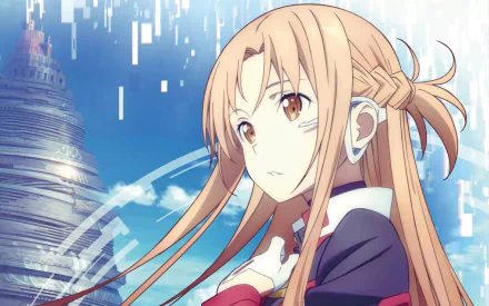 HD wallpaper of Asuna Yuuki from Sword Art Online: Ordinal Scale. The anime character stands against a futuristic backdrop with digital fragments and a tower in the distance.