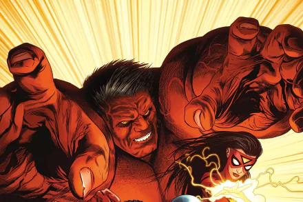 HD comic-style desktop wallpaper featuring Red Hulk and Spider-Woman in dynamic action, capturing the intensity of Avengers characters with vibrant colors and bold lines.