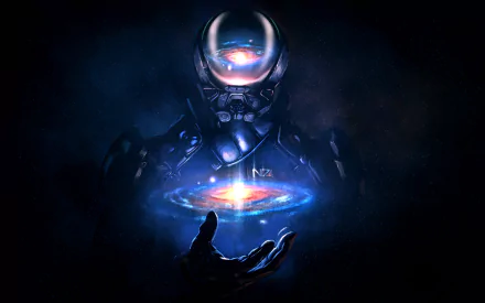 A captivating HD desktop wallpaper featuring a character from Mass Effect: Andromeda, with a futuristic helmet, holding a glowing galaxy in a dark, space-themed background.