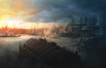 Artistic HD desktop wallpaper of a city harbor at sunset, featuring buildings, moored boats, and a dramatic sky over the water.