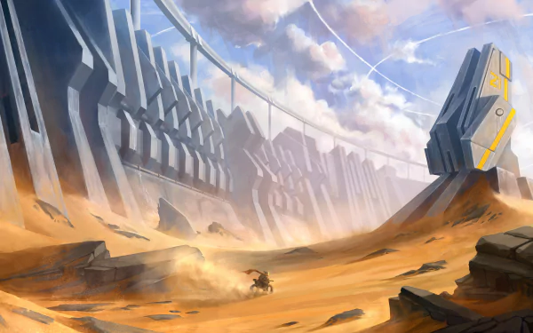 Futuristic Sci-Fi desert landscape featuring a massive wall stretching across sandy dunes under a cloudy sky, rendered in HD for PC desktop wallpaper.
