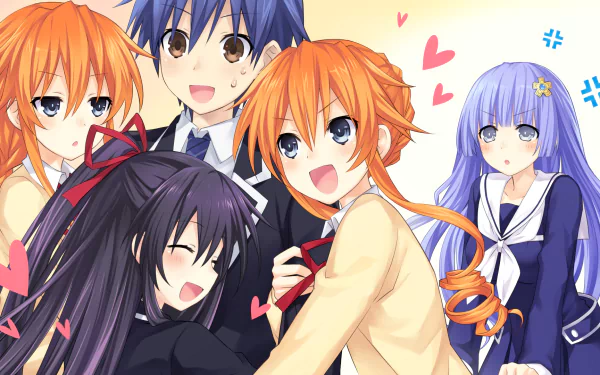 HD desktop wallpaper featuring Tohka Yatogami, Yuzuru Yamai, Kaguya Yamai, Shido Itsuka, and Miku Izayoi from the anime Date A Live, with vibrant colors and expressive character interactions.