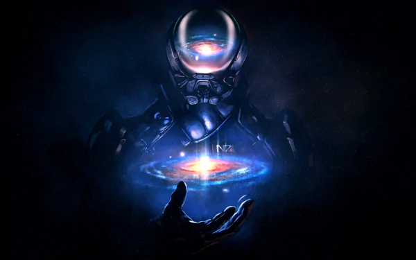 A captivating HD desktop wallpaper featuring a character from Mass Effect: Andromeda, with a futuristic helmet, holding a glowing galaxy in a dark, space-themed background.