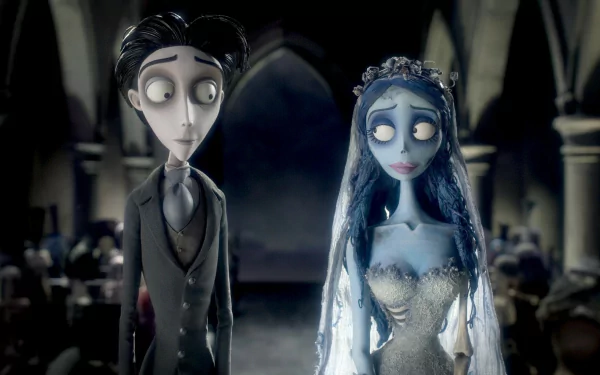 HD PC desktop wallpaper and background from the movie Corpse Bride: blue-toned corpse bride and groom stand in a gothic church, eerie yet romantic mood.