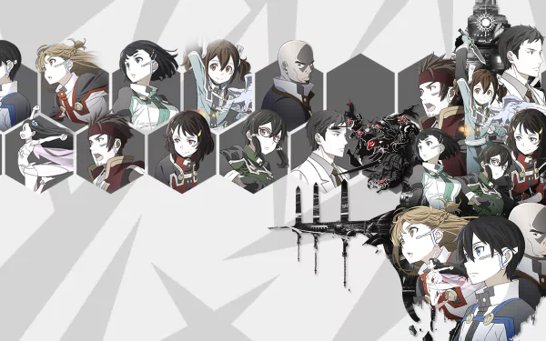 HD desktop wallpaper featuring characters from the anime Sword Art Online Movie: Ordinal Scale, displaying an array of protagonists in hexagonal frames against a grey patterned background.