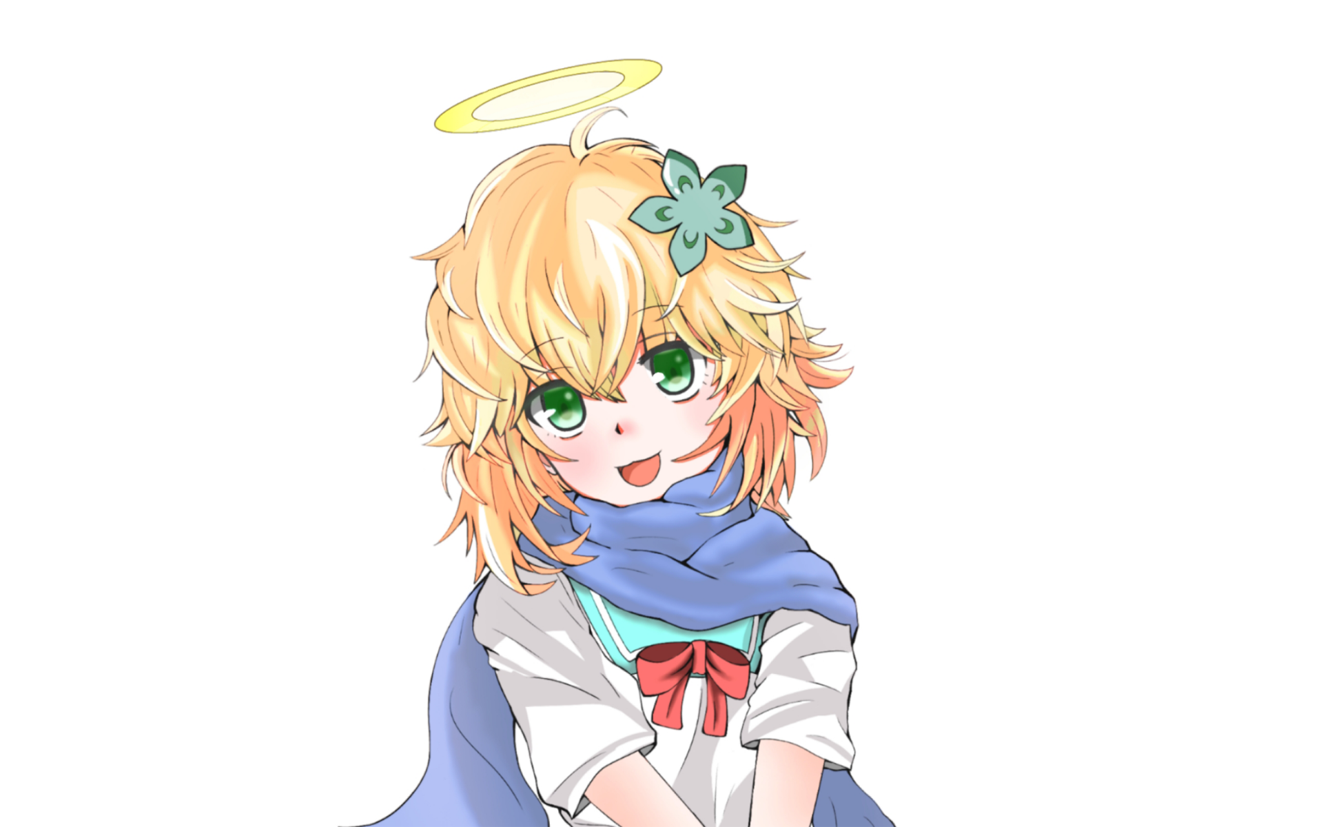 HD anime wallpaper featuring Tapris Sugarbell Chisaki from Gabriel DropOut, showcasing her with green eyes, a halo, and a blue scarf against a white background.