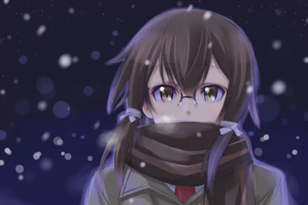 HD PC desktop wallpaper featuring an anime character from Sword Art Online II with glasses, dark hair, and a scarf, set against a softly falling snow background.