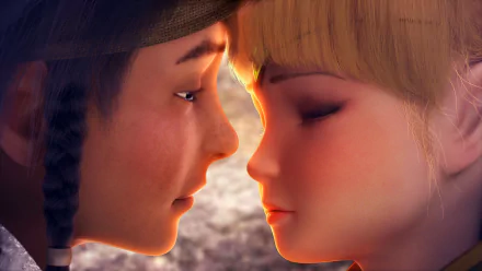 HD PC desktop wallpaper from the movie Dragon Nest: Warriors' Dawn featuring a close-up of two animated characters with their faces gently touching.