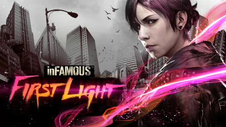 inFAMOUS: First Light video game HD PC desktop wallpaper/background — close-up of a female protagonist with pink neon energy streaks against a gritty city skyline.