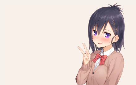 Vignette Tsukinose April (Gabriel DropOut anime) smiling and flashing a peace sign on a pale background — HD PC desktop wallpaper