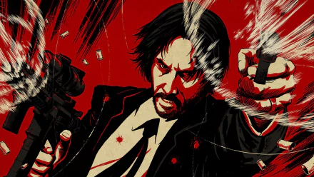 HD desktop wallpaper featuring Keanu Reeves as John Wick from John Wick: Chapter 2, depicted in an action-packed, stylized design with red background elements.