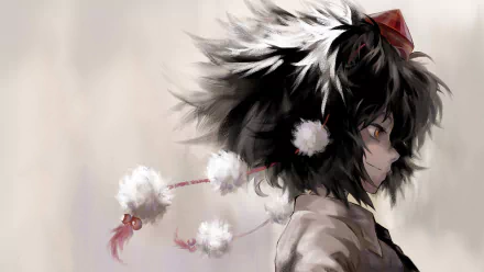 HD desktop wallpaper of Aya Shameimaru from Touhou. The image features an anime-style portrayal of Aya with detailed black and gray hair, adorned with red accessories, set against a soft, neutral background.