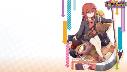 HD PC desktop wallpaper featuring Satanichia Kurumizawa McDowell from the anime Gabriel DropOut in a colorful, stylized design with vibrant arrows and patterns.
