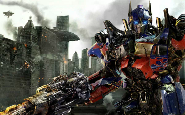 HD PC desktop wallpaper featuring Optimus Prime from Transformers: Dark of the Moon amidst a battle-damaged cityscape.